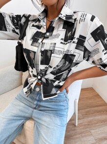 SHEIN EZwear 字母和圖案長款襯衫 - 黑與白 - 查看 7