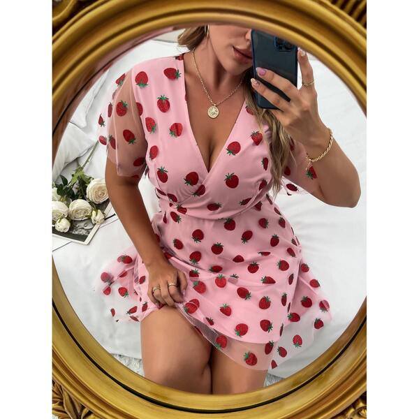 

Plus Strawberry Mesh Overlay Dress, Baby pink