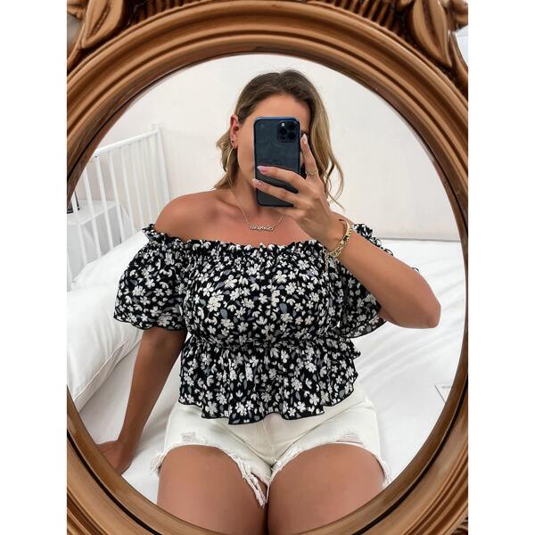 

Plus Ditsy Floral Ruffle Bardot Blouse, Black and white