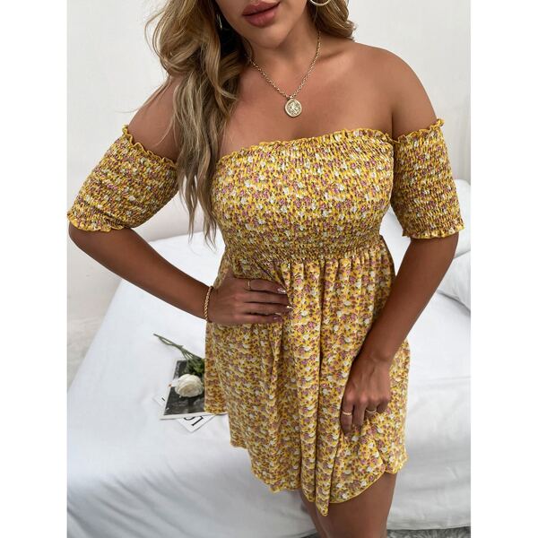 

Plus Ditsy Floral Shirred Bodice Dress, Mustard yellow
