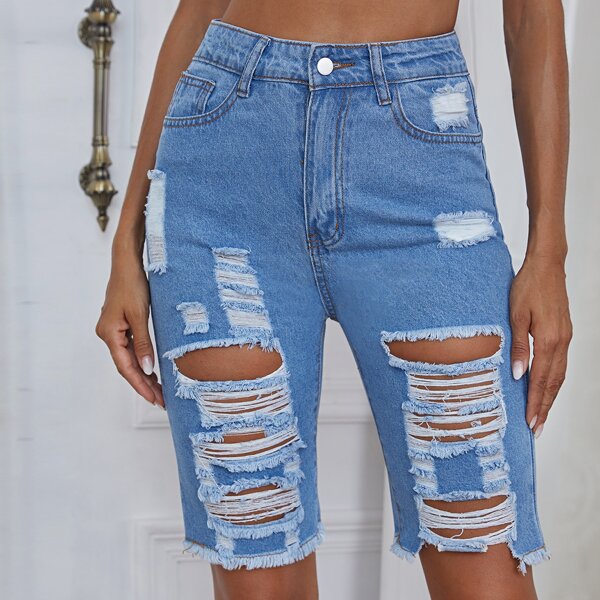 

High Waist Ripped Denim Shorts, Light wash