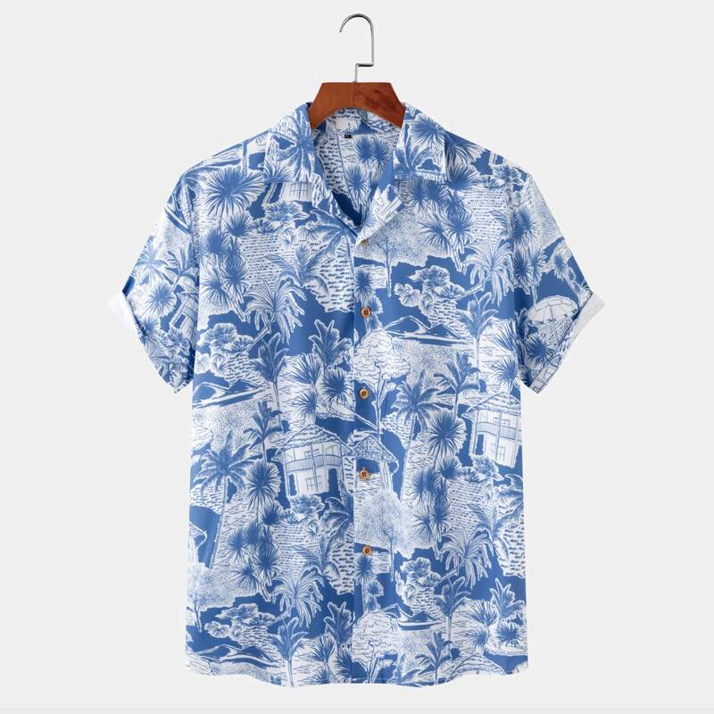 

Guys Allover Tropical Print Button Up Shirt, Blue and white