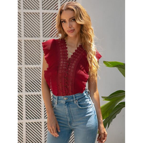 

Contrast Lace Tie Back Pleated Bodysuit, Burgundy