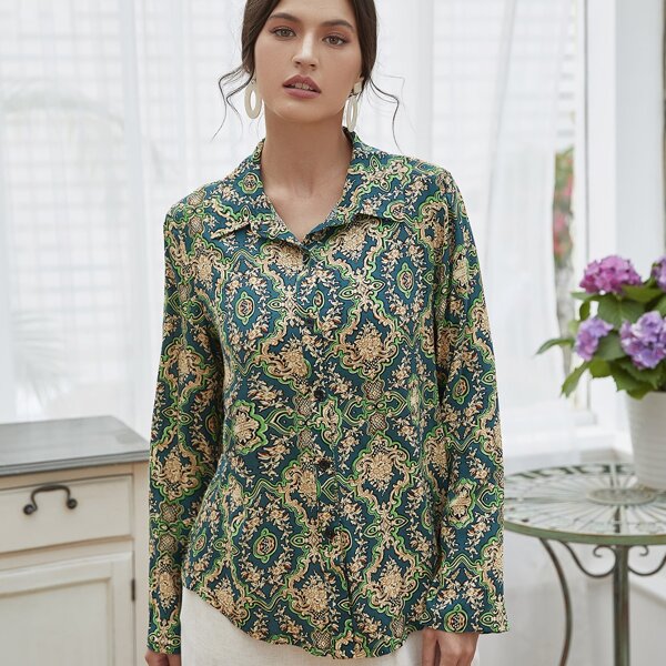 

Baroque Print Button Front Blouse, Multicolor
