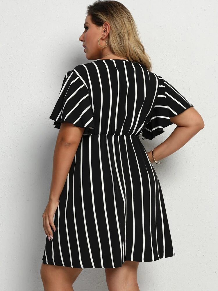 Plus Striped Surplice Neck A-Line Dress, Summer