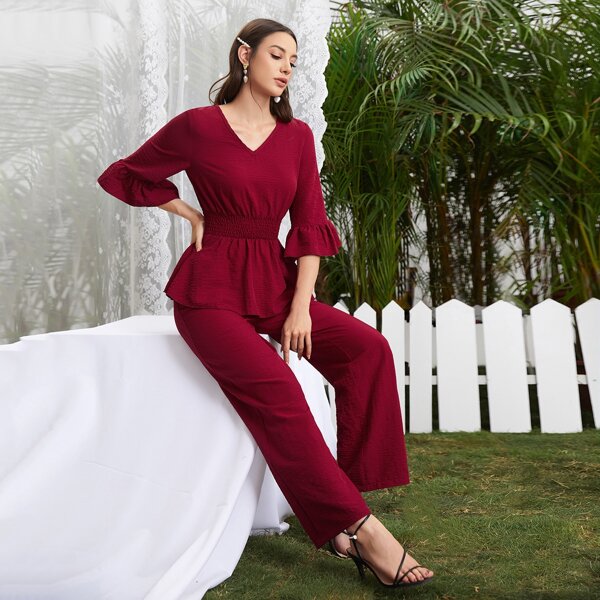

Shirred Waist Ruffle Trim Lounge Set, Burgundy
