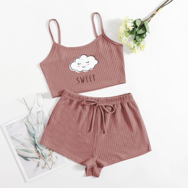 

Cartoon & Letter Graphic Pajama Set, Dusty pink