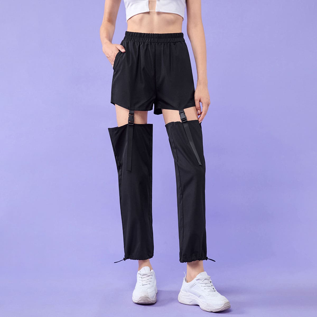 

Detachable Buckle Drawstring Pants, Black