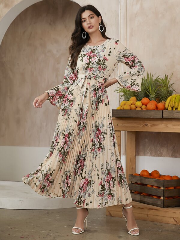 Mulvari Floral Print Self Tie Pleated Hem Dress