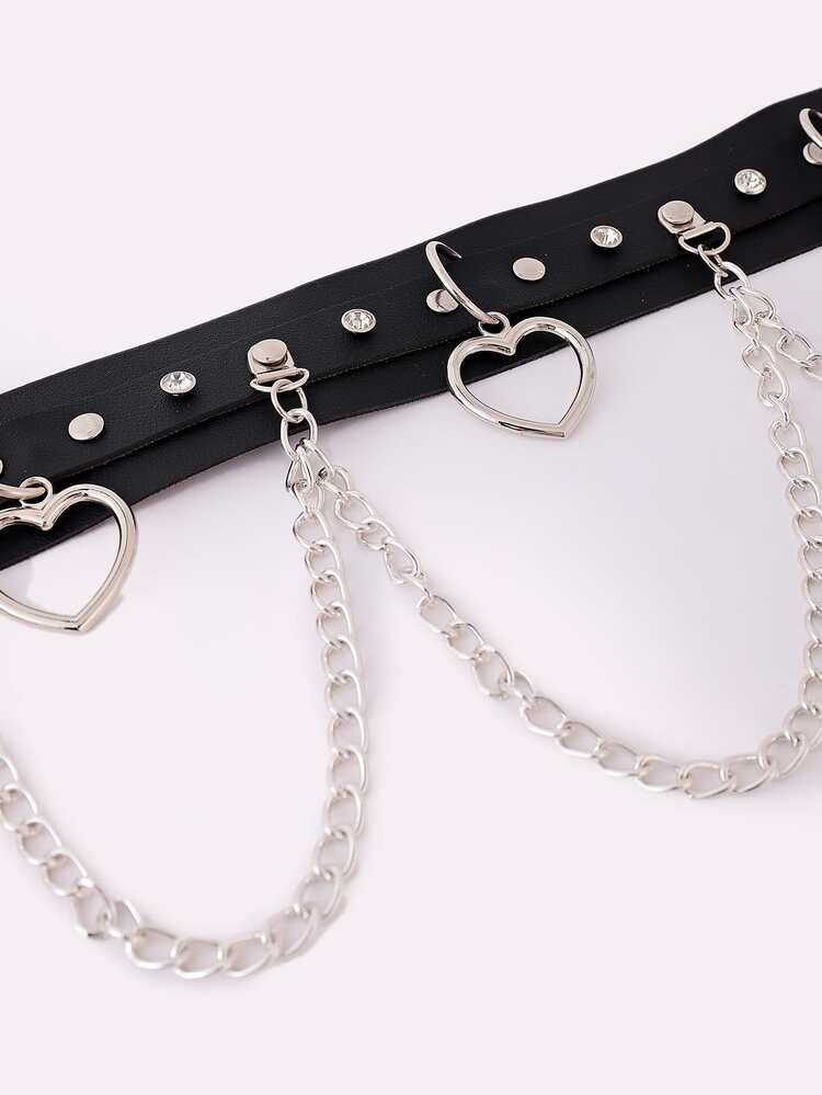 1pc Women Chain Decor Heart Charm Belt - Black - View 4