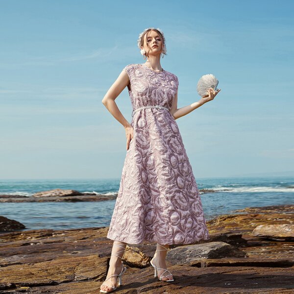 

Allover Print Belted A-line Dress, Dusty pink