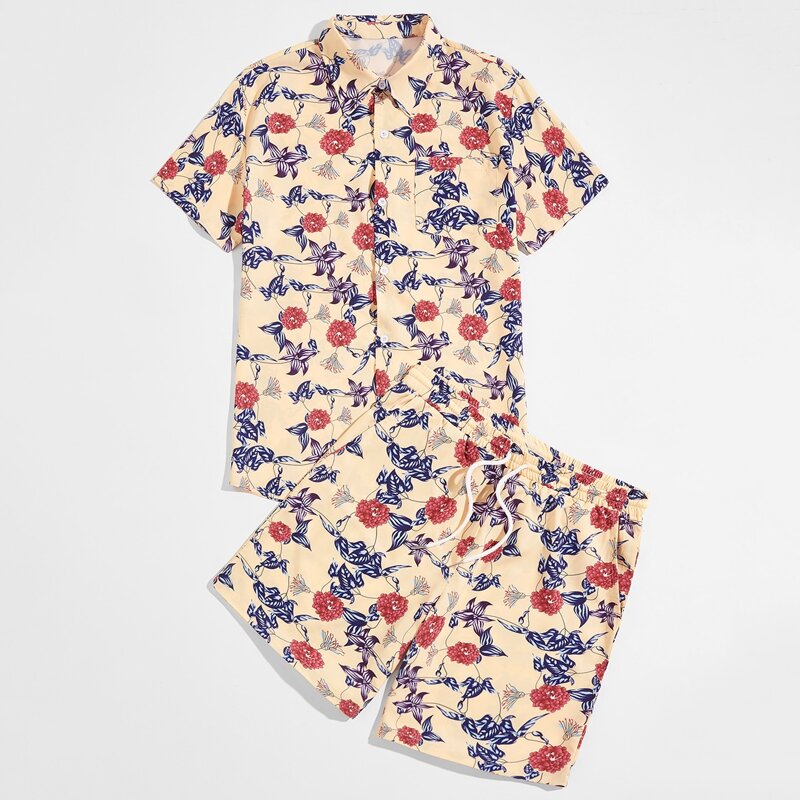 

Guys Allover Floral Print Pocket Front Shirt & Drawstring Shorts, Multicolor