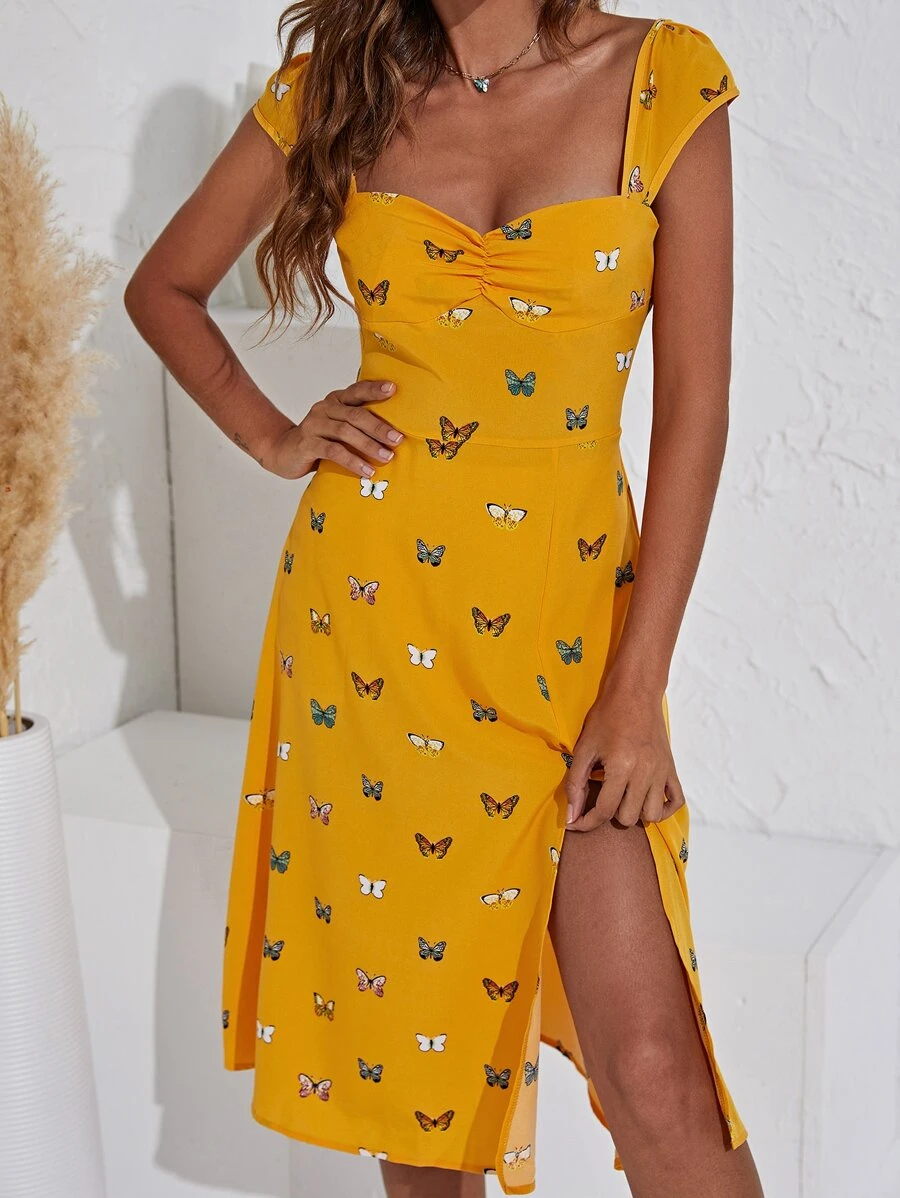 SHEIN VCAY Butterfly Print Split Thigh Dress - Mustard Yellow - View 1