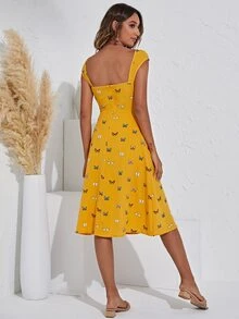SHEIN VCAY Butterfly Print Split Thigh Dress - Mustard Yellow - View 2