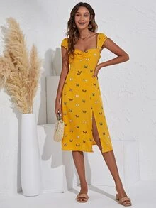 SHEIN VCAY Butterfly Print Split Thigh Dress - Mustard Yellow - View 3