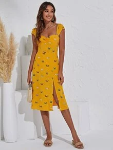 SHEIN VCAY Butterfly Print Split Thigh Dress - Mustard Yellow - View 4