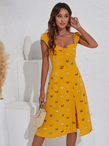 SHEIN VCAY Butterfly Print Split Thigh Dress - Mustard Yellow - View 5