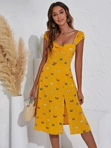 SHEIN VCAY Butterfly Print Split Thigh Dress - Mustard Yellow - View 6