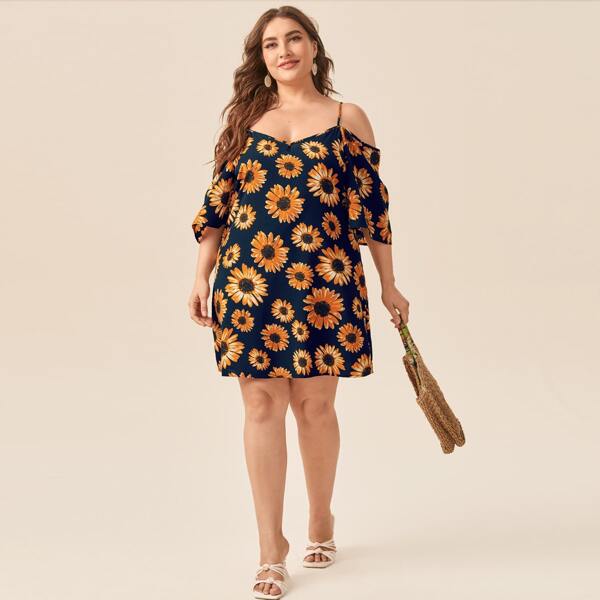 

Plus Sunflower Print Cold Shoulder Dress, Multicolor