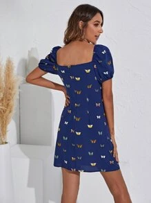 Butterfly Print Puff Sleeve Dress - Navy Blue - View 2