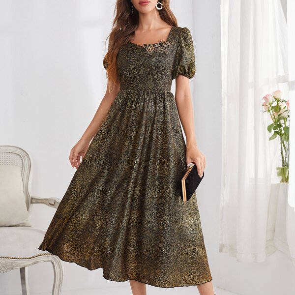

Puff Sleeve Appliques A-line Dress, Gold