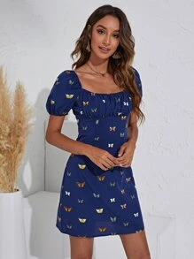 Butterfly Print Puff Sleeve Dress - Navy Blue - View 5
