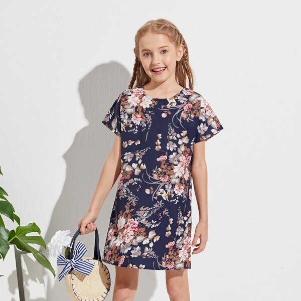 

Girls Round Neck Floral Print Dress, Multicolor