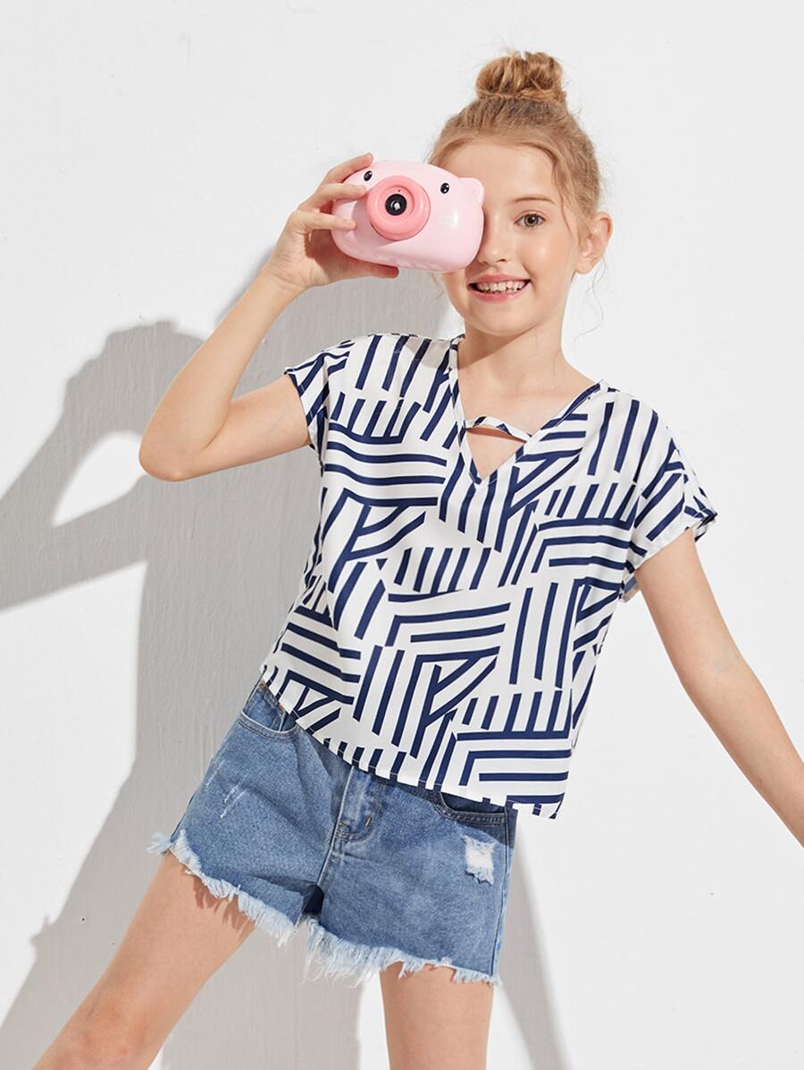 SHEIN Girls Striped Print Batwing Sleeve Cut-out Top - Blue and White - View 1