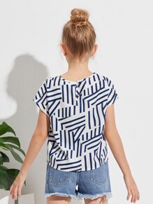 SHEIN Girls Striped Print Batwing Sleeve Cut-out Top - Blue and White - View 2