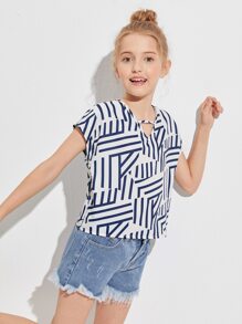 SHEIN Girls Striped Print Batwing Sleeve Cut-out Top - Blue and White - View 3
