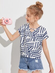 SHEIN Girls Striped Print Batwing Sleeve Cut-out Top - Blue and White - View 4