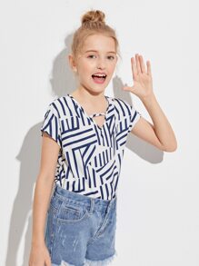 SHEIN Girls Striped Print Batwing Sleeve Cut-out Top - Blue and White - View 5