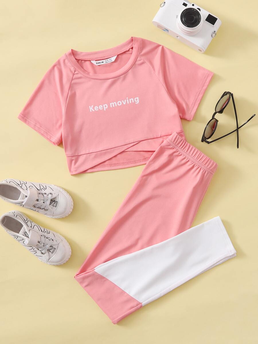 SHEIN Conjuntos para niñas Frase Casual - Rosa coral - Ver 1