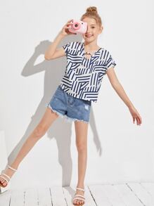 SHEIN Girls Striped Print Batwing Sleeve Cut-out Top - Blue and White - View 6