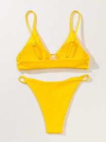 SHEIN Swim Summer Beach Textured Bikini Set Ring Linked Bra & Thong Bottom 2 Piece Bathing Suit - Yellow - View 2