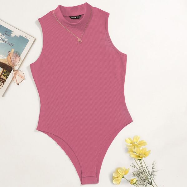 

Solid Rib Knit Tank Bodysuit, Redwood