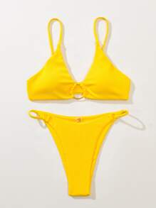 SHEIN Swim Summer Beach Textured Bikini Set Ring Linked Bra & Thong Bottom 2 Piece Bathing Suit - Yellow - View 4