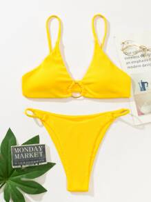 SHEIN Swim Summer Beach Textured Bikini Set Ring Linked Bra & Thong Bottom 2 Piece Bathing Suit - Yellow - View 5