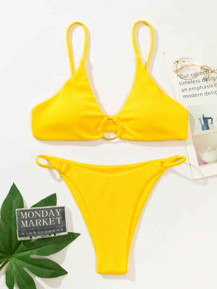 SHEIN Swim محكم طقم بيكيني الحلقة مرتبطة حمالة صدر & سروال داخلي ثونغ لباس قيعان 2قطع بدلة سباحة - أصفر - مشاهدة 5
