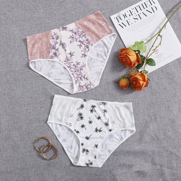 

2pack Plus Floral Print Contrast Lace Panty Set, Multicolor
