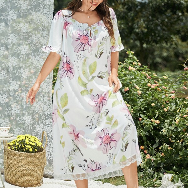

Plus Floral Print Flounce Sleeve Night Dress, Multicolor