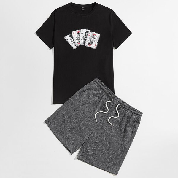 

Men Graphic Print Tee & Drawstring Waist Shorts Set, Multicolor