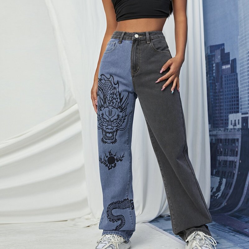 

High Waist Color Block Chinese Dragon Print Jeans, Multicolor