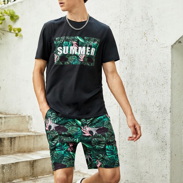 

Men Tropical & Letter Graphic Tee and Shorts Set, Multicolor