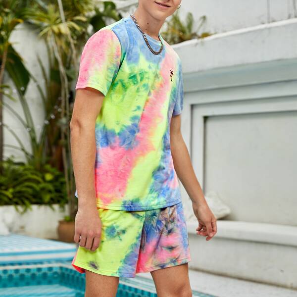

Men Coconut Tree & Tie Dye Tee and Shorts Set, Multicolor