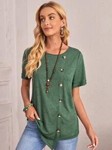 EMERY ROSE 紐扣不對稱下擺T恤 - 墨綠色 - 查看 1