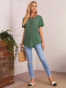 EMERY ROSE 紐扣不對稱下擺T恤 - 墨綠色 - 查看 3