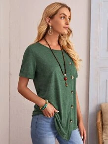 EMERY ROSE 紐扣不對稱下擺T恤 - 墨綠色 - 查看 4