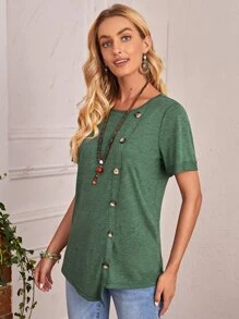 EMERY ROSE 紐扣不對稱下擺T恤 - 墨綠色 - 查看 5