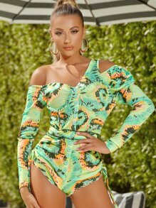 Ji Yeon Lee Tie-Dye Long Sleeve Ruched Drawstring Bodysuit - Multicolor - View 3